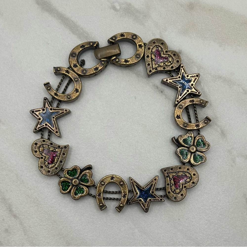 Vintage Avon Lucky Slider Charm Bracelet Hoseshoe Clover Heart Star Good Luck